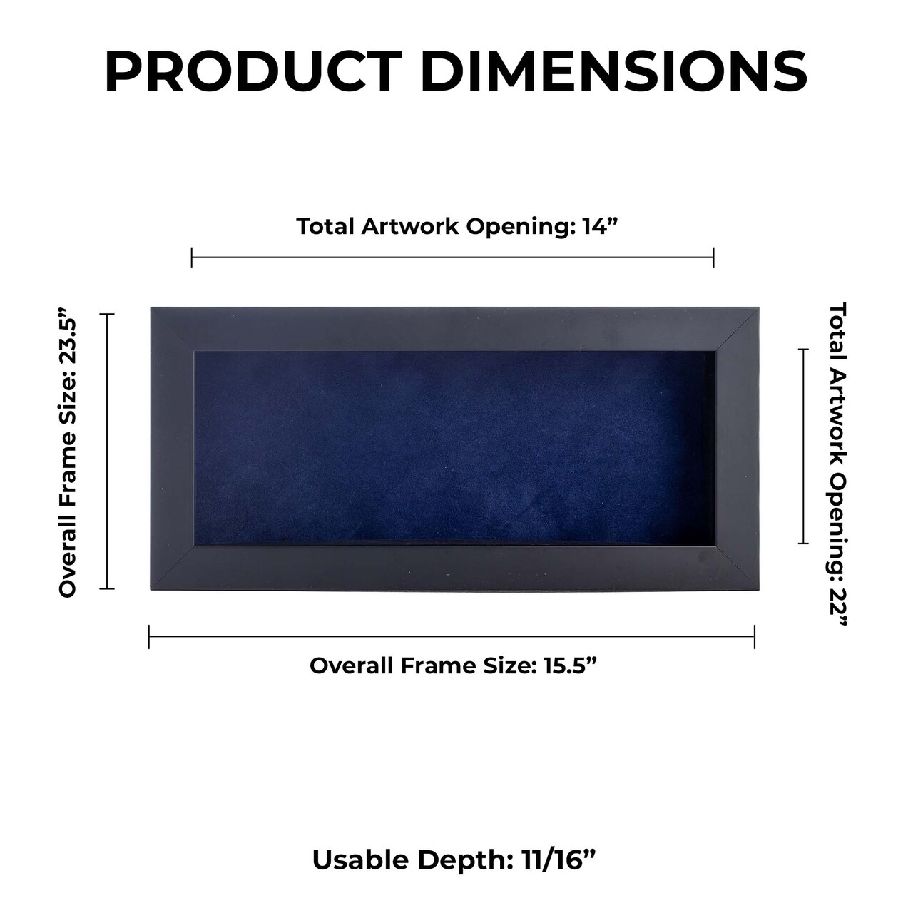 Classic Black Wood Shadown Box Frame with Acrylic Front - Navy Blue Suede Backing, 30 Sizes